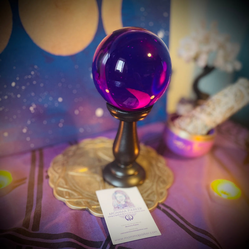 Purple Glass Crystal Ball And Wooden Stand